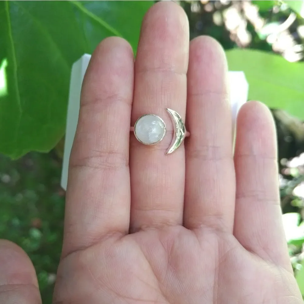 Shivam Moonstone and Silver Crescent Moon🌙 Ring - Picture 15 of 16